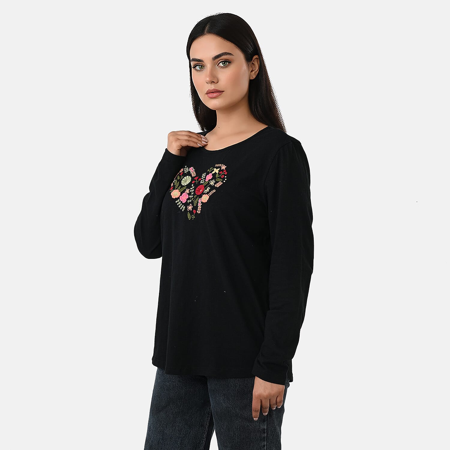 La Marey Cotton Floral Heart Embroidered Full Sleeves T-Shirt (Size XL, Fit 20 To 22) - Black