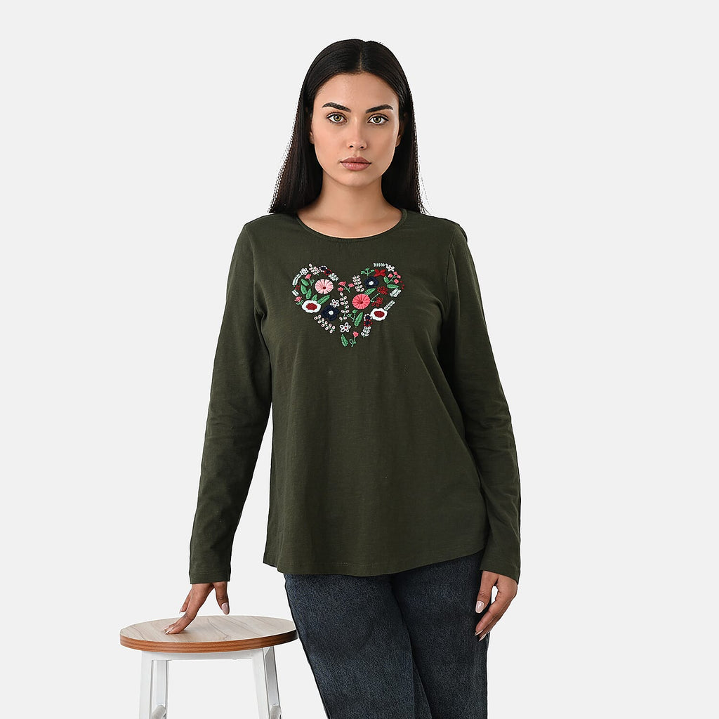 La Marey Cotton Floral Heart Embroidered Full Sleeves T-Shirt (Size XL, Fit 20 To 22) - Khaki