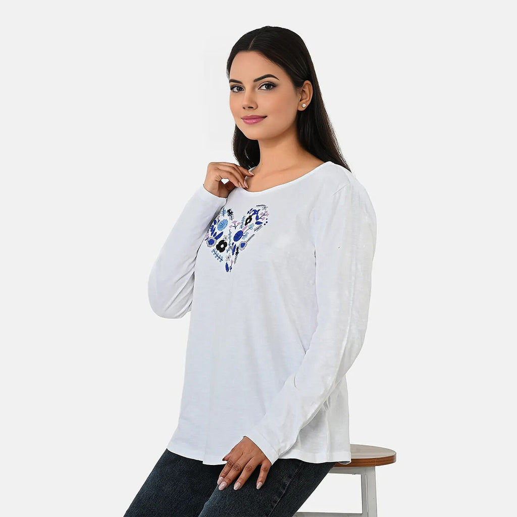 La Marey Cotton Floral Heart Embroidered Full Sleeves T-Shirt (Size XL, Fit 20 To 22) - Off White