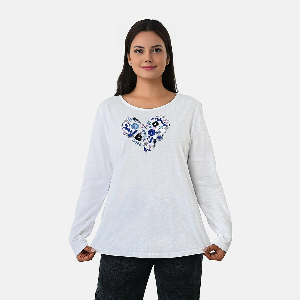 La Marey Cotton Floral Heart Embroidered Full Sleeves T-Shirt (Size XL, Fit 20 To 22) - Off White