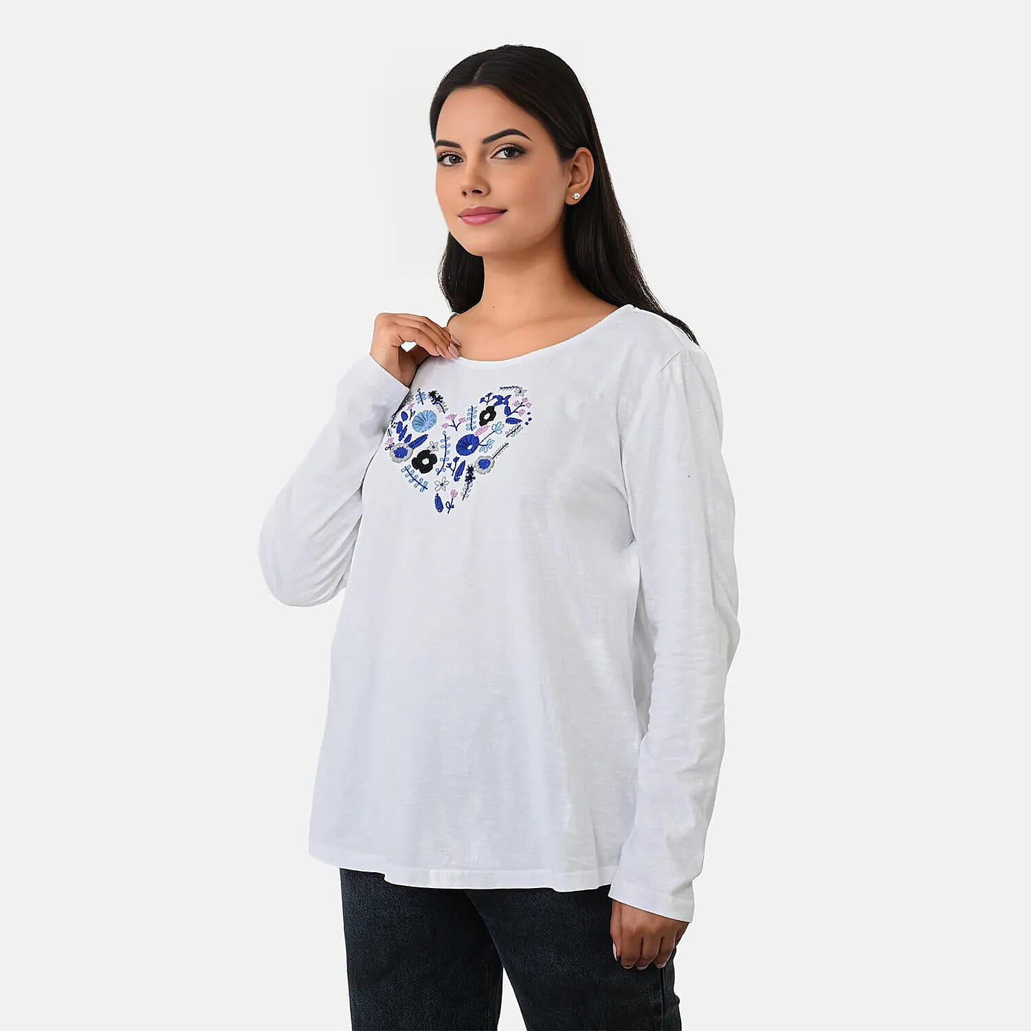 La Marey Cotton Floral Heart Embroidered Full Sleeves T-Shirt (Size XL, Fit 20 To 22) - Off White