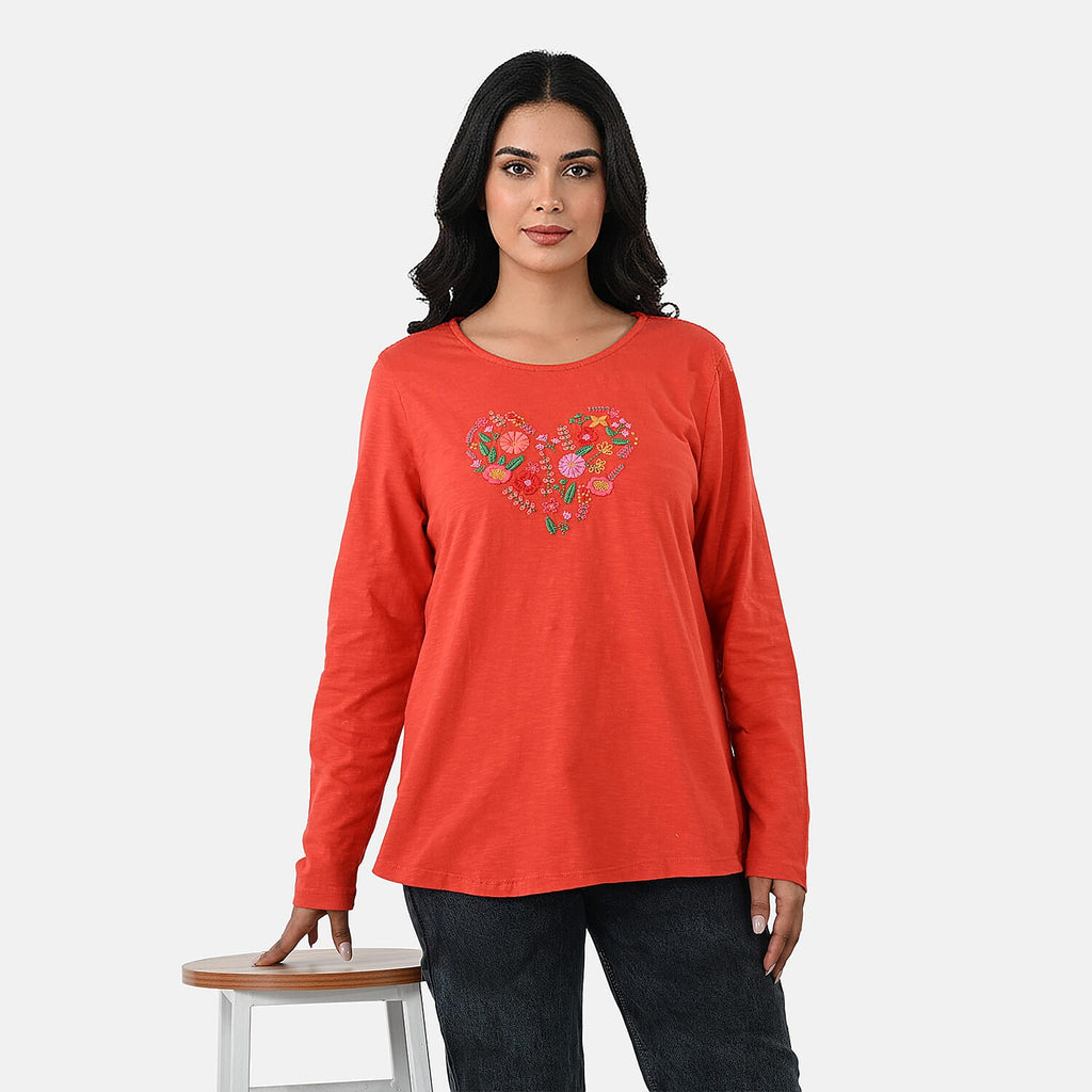 La Marey Cotton Floral Heart Embroidered Full Sleeves T-Shirt (Size XL, Fit 20 To 22) - Red