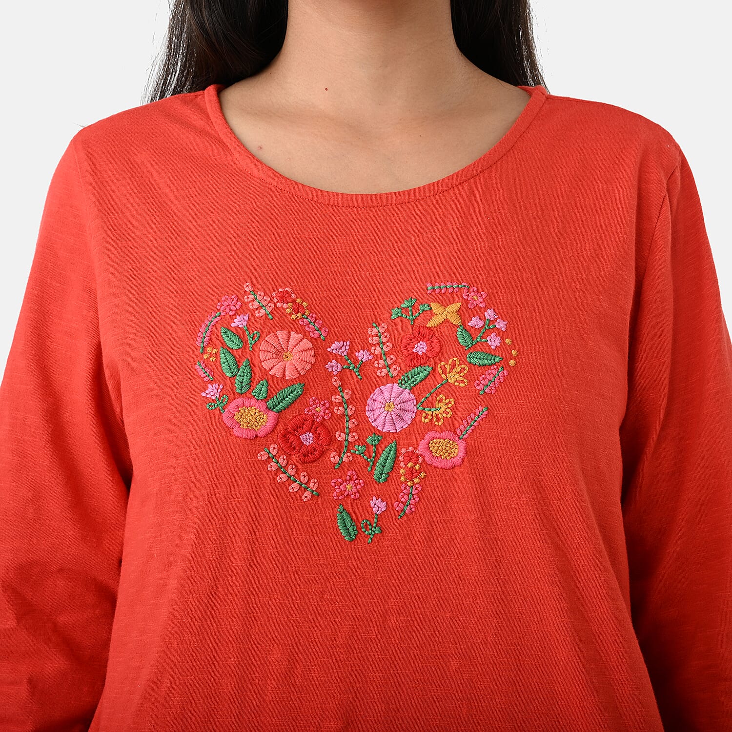 La Marey Cotton Floral Heart Embroidered Full Sleeves T-Shirt (Size XL, Fit 20 To 22) - Red