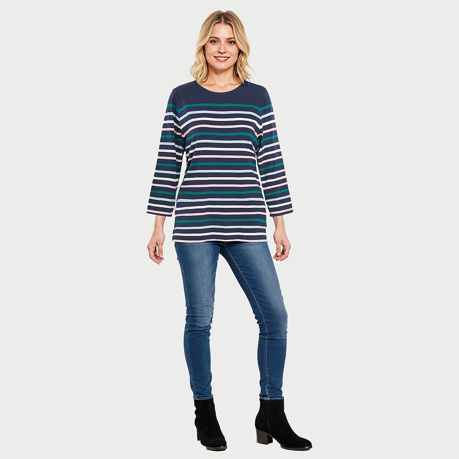 La Marey 100% Cotton Multi Thin Stripe 3-4 Length Sleeve Top (Size 18) - Navy