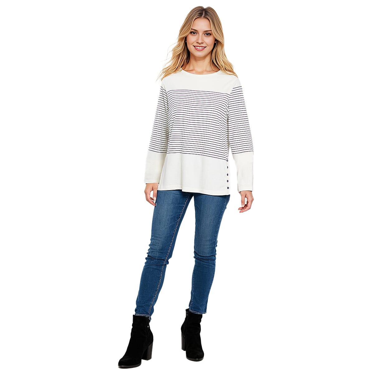 La Marey 100% Cotton Striped Pattern Long Sleeve Top (Size 16) - Navy
