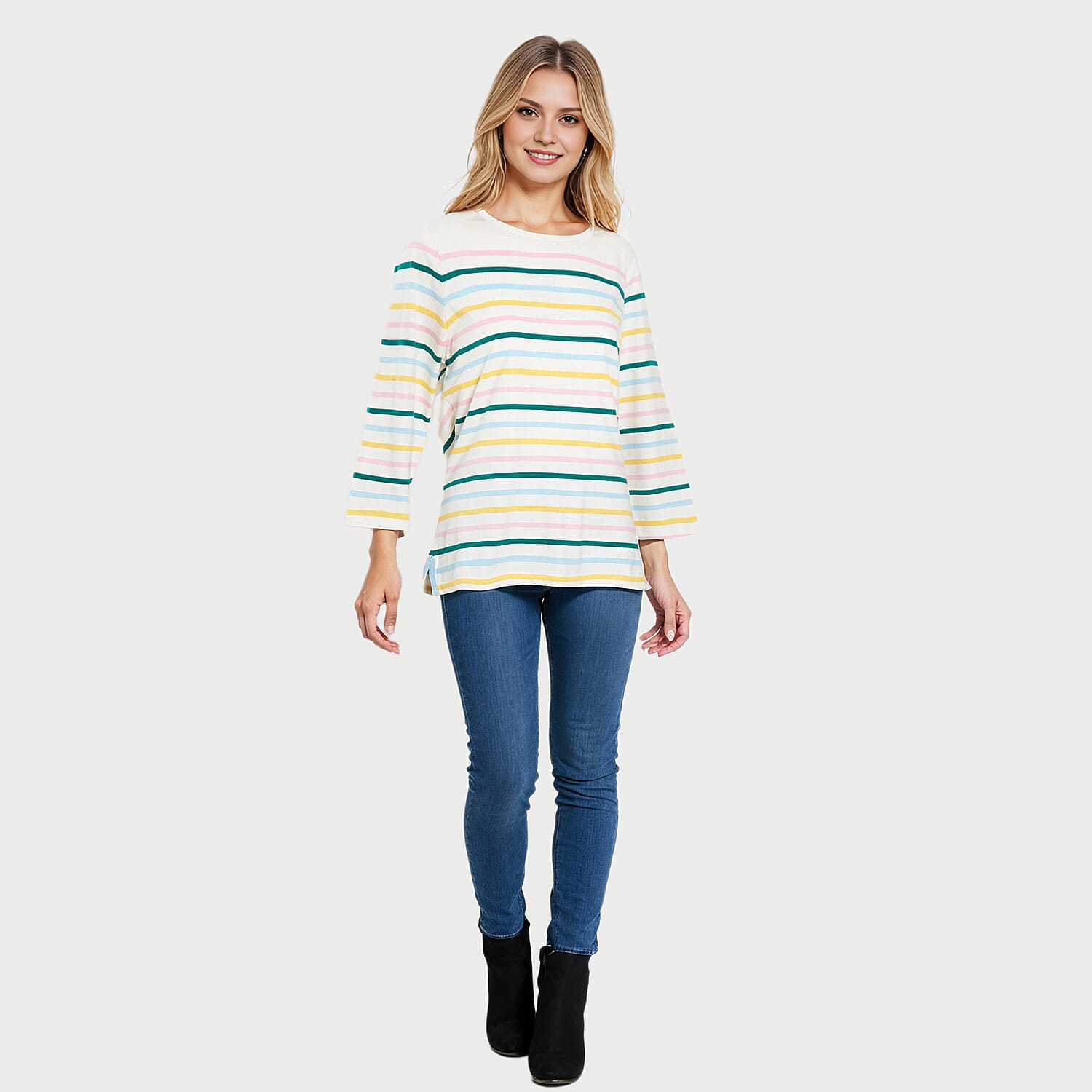 La Marey 100% Cotton Multi Thin Stripe 3-4 Length Sleeve Top (Size 16) - White