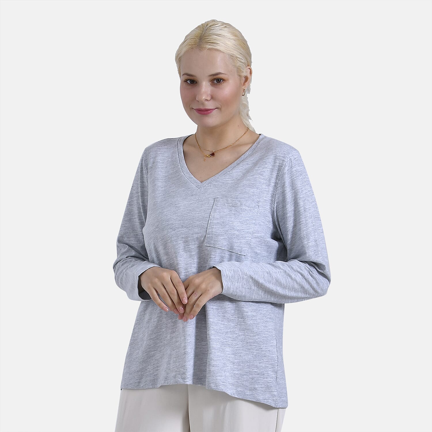 La Marey 100% Cotton V-Neck Long Sleeve Classic Top (Size 16 to 18) - Grey