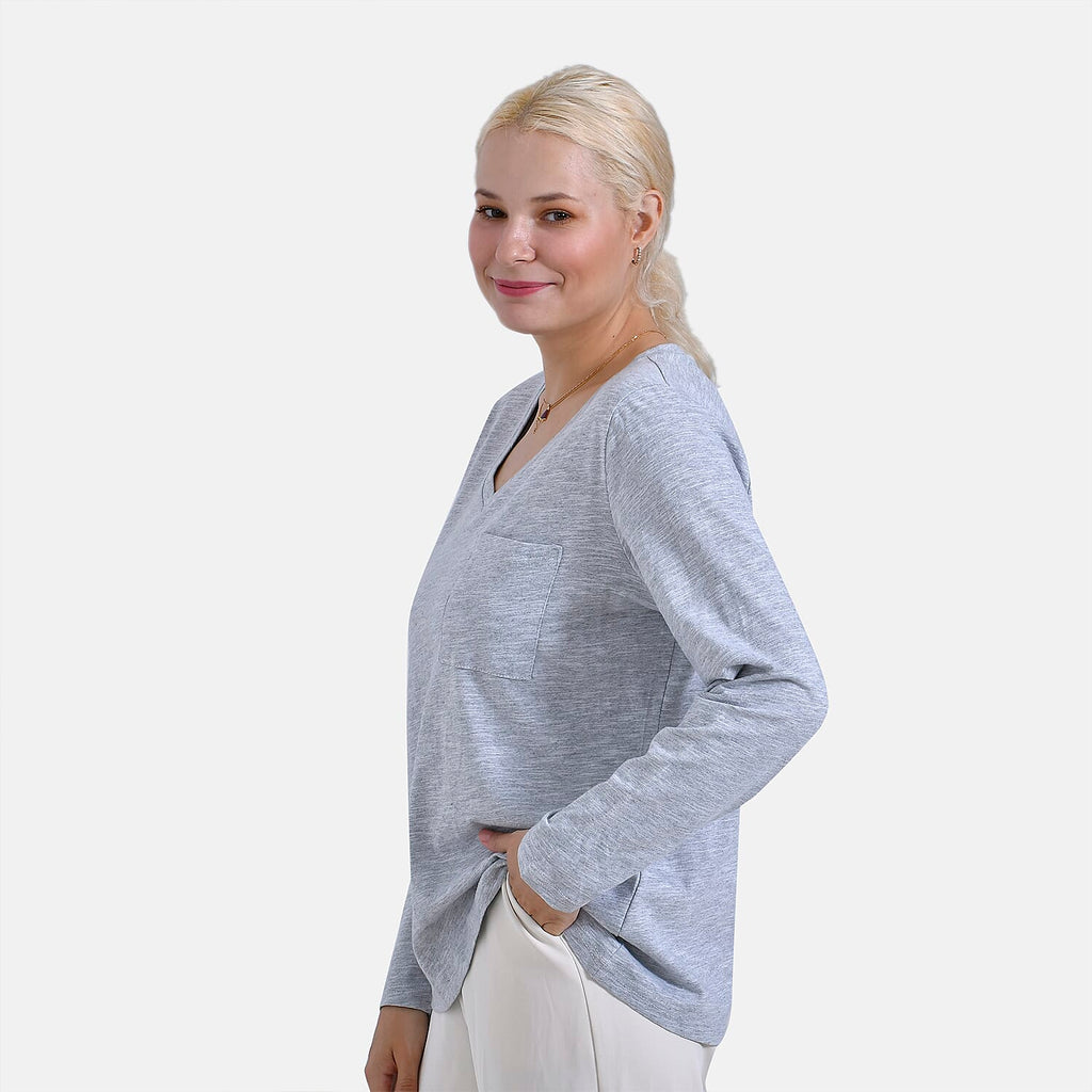 La Marey 100% Cotton V-Neck Long Sleeve Classic Top (Size 16 to 18) - Grey