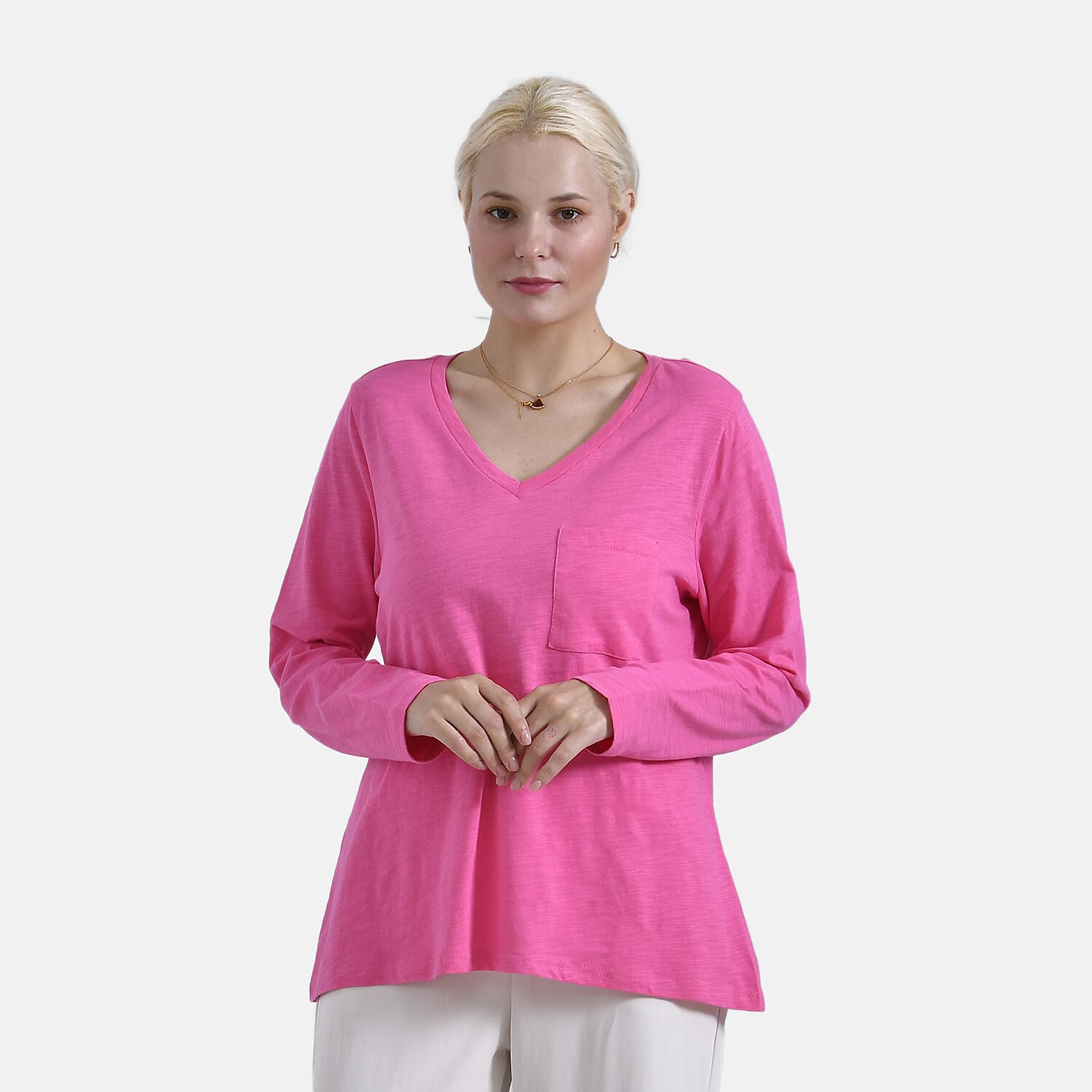 La Marey 100% Cotton V-Neck Long Sleeve Classic Top (Size 24 to 26) - Pink
