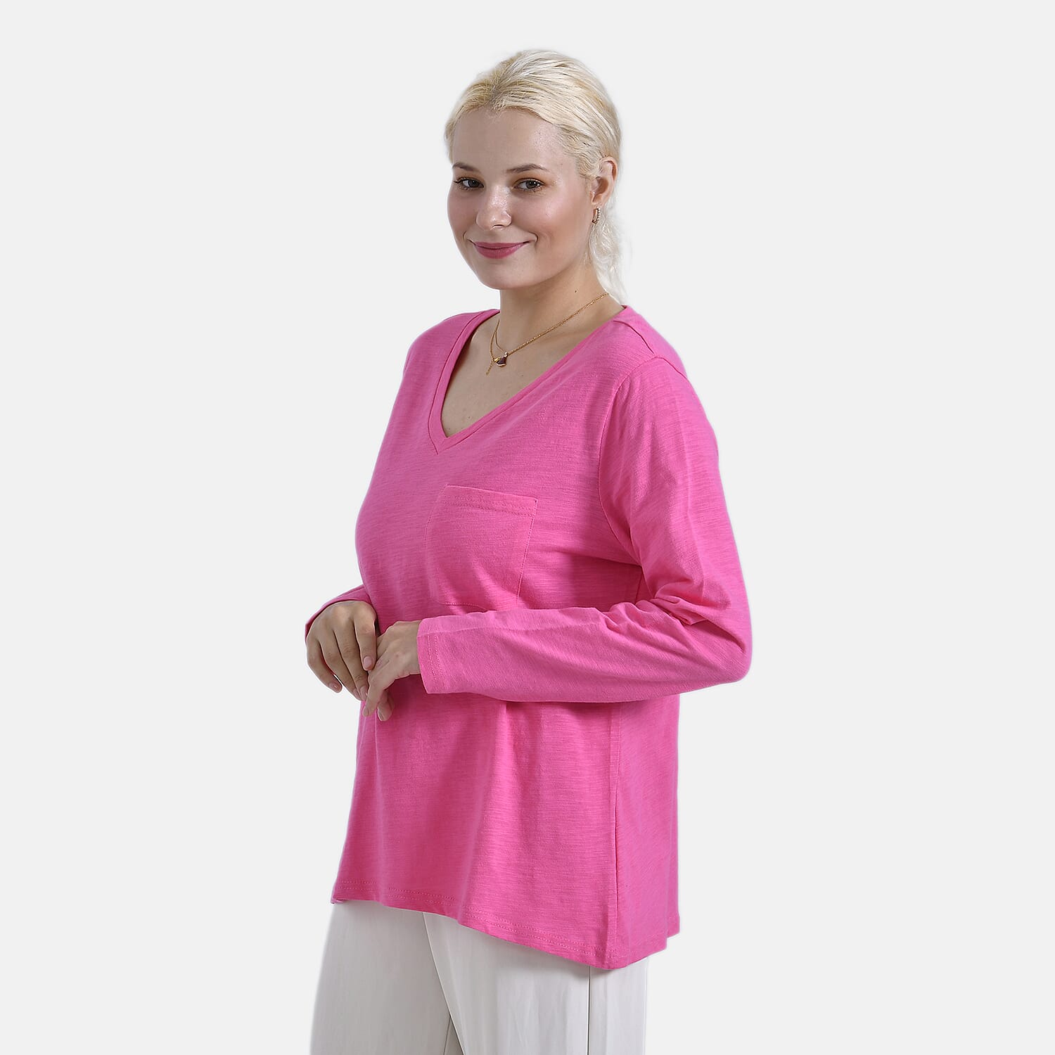 La Marey 100% Cotton V-Neck Long Sleeve Classic Top (Size 24 to 26) - Pink