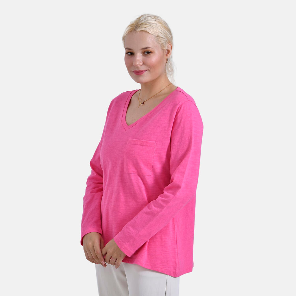 La Marey 100% Cotton V-Neck Long Sleeve Classic Top (Size 24 to 26) - Pink