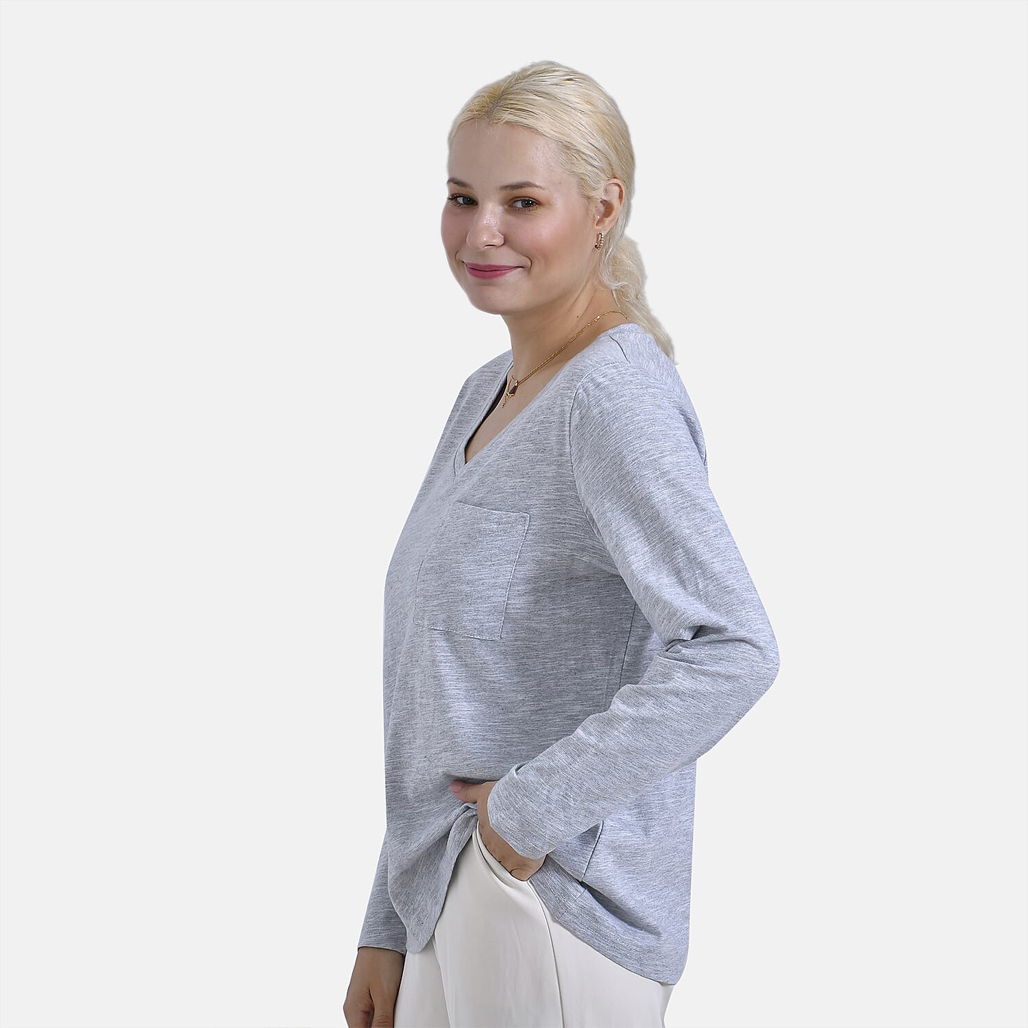 La Marey 100% Cotton V-Neck Long Sleeve Classic Top (Size 16 to 18) - Grey