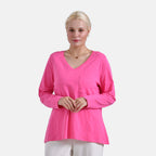La Marey 100% Cotton V-Neck Long Sleeve Classic Top (Size 24 to 26) - Pink