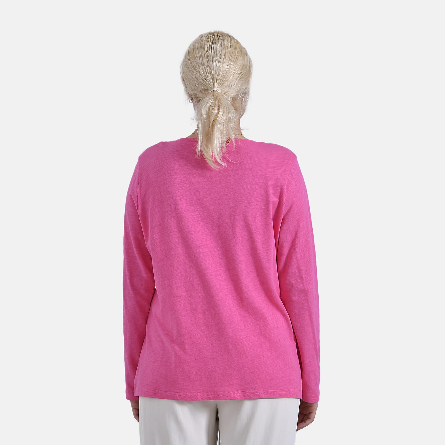 La Marey 100% Cotton V-Neck Long Sleeve Classic Top (Size 24 to 26) - Pink