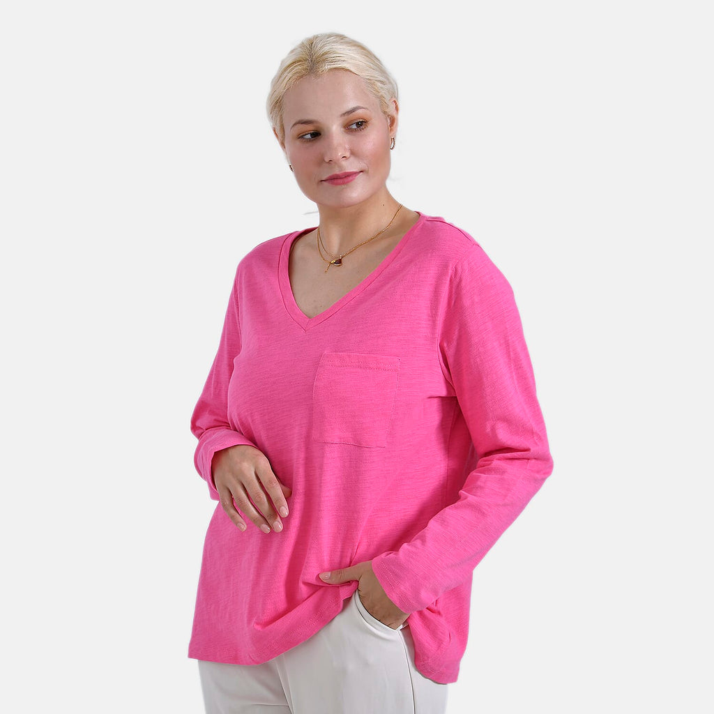 La Marey 100% Cotton V-Neck Long Sleeve Classic Top (Size 24 to 26) - Pink