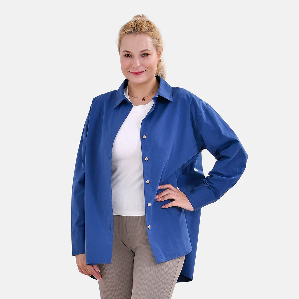 La Marey 100% Cotton Button Down Plain Blouse (Size XL) - Blue