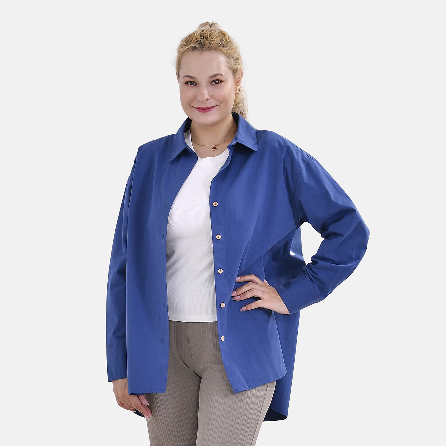 La Marey 100% Cotton Button Down Plain Blouse (Size XL) - Blue