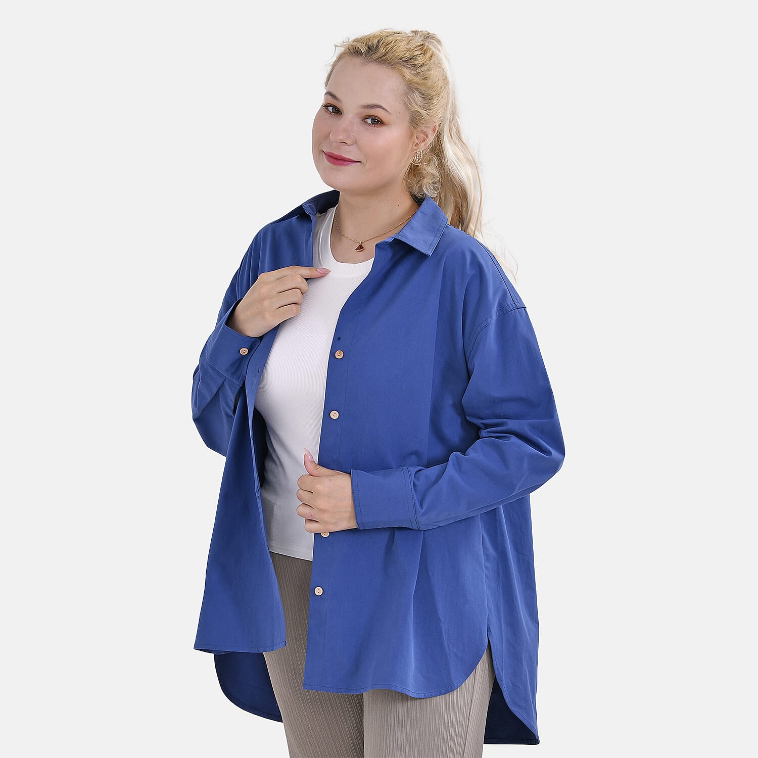 La Marey 100% Cotton Button Down Plain Blouse (Size XL) - Blue