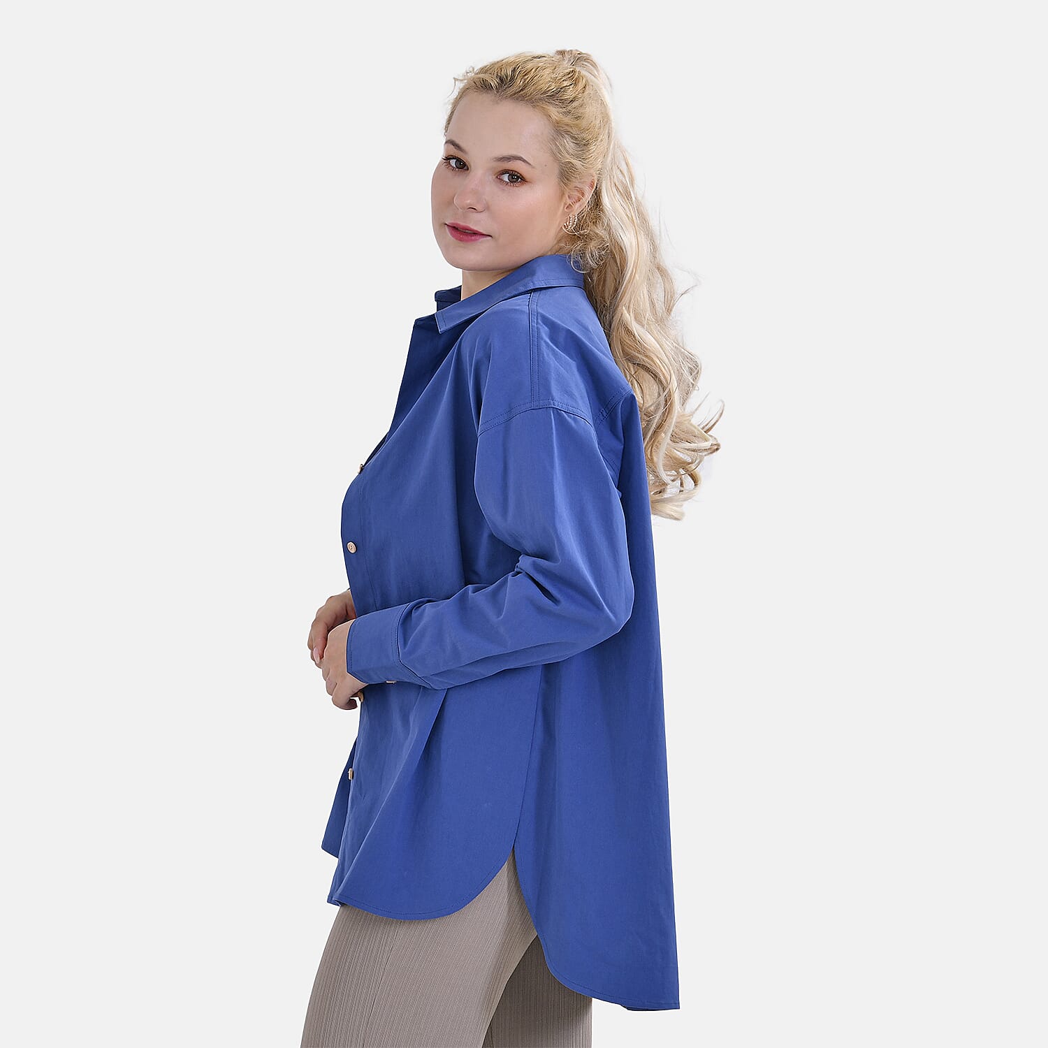 La Marey 100% Cotton Button Down Plain Blouse (Size XL) - Blue