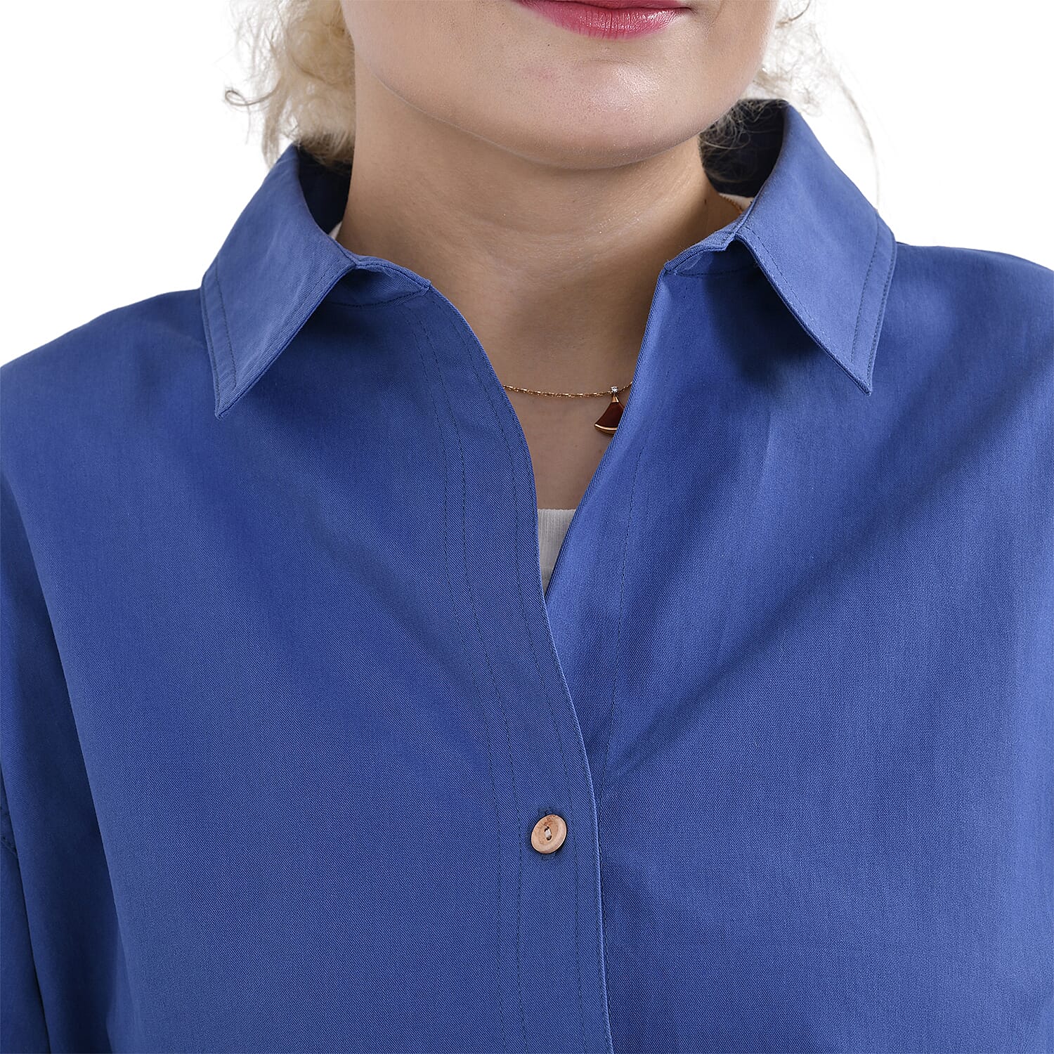 La Marey 100% Cotton Button Down Plain Blouse (Size XL) - Blue