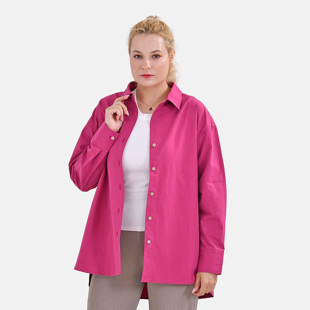 La Marey 100% Cotton Button Down Plain Blouse (Size XL) - Fuchsia