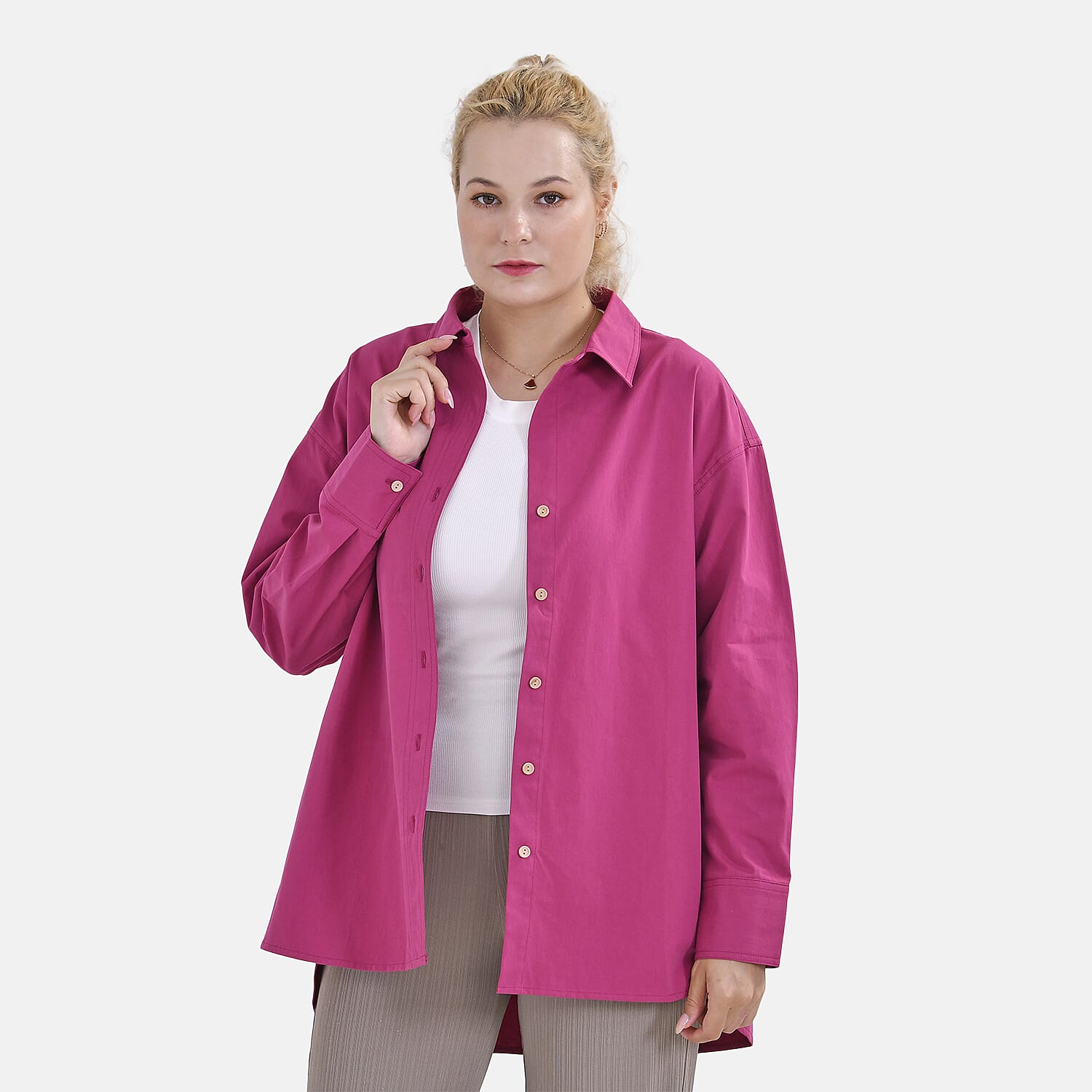 La Marey 100% Cotton Button Down Plain Blouse (Size XL) - Fuchsia
