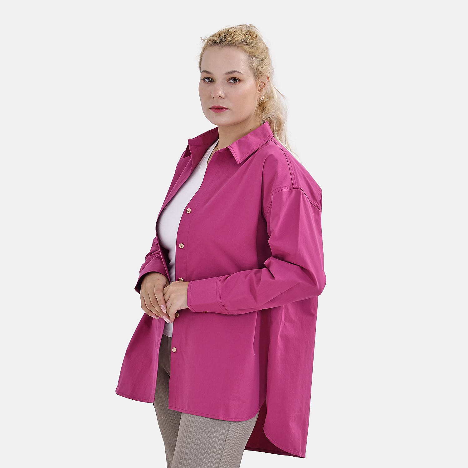 La Marey 100% Cotton Button Down Plain Blouse (Size XL) - Fuchsia