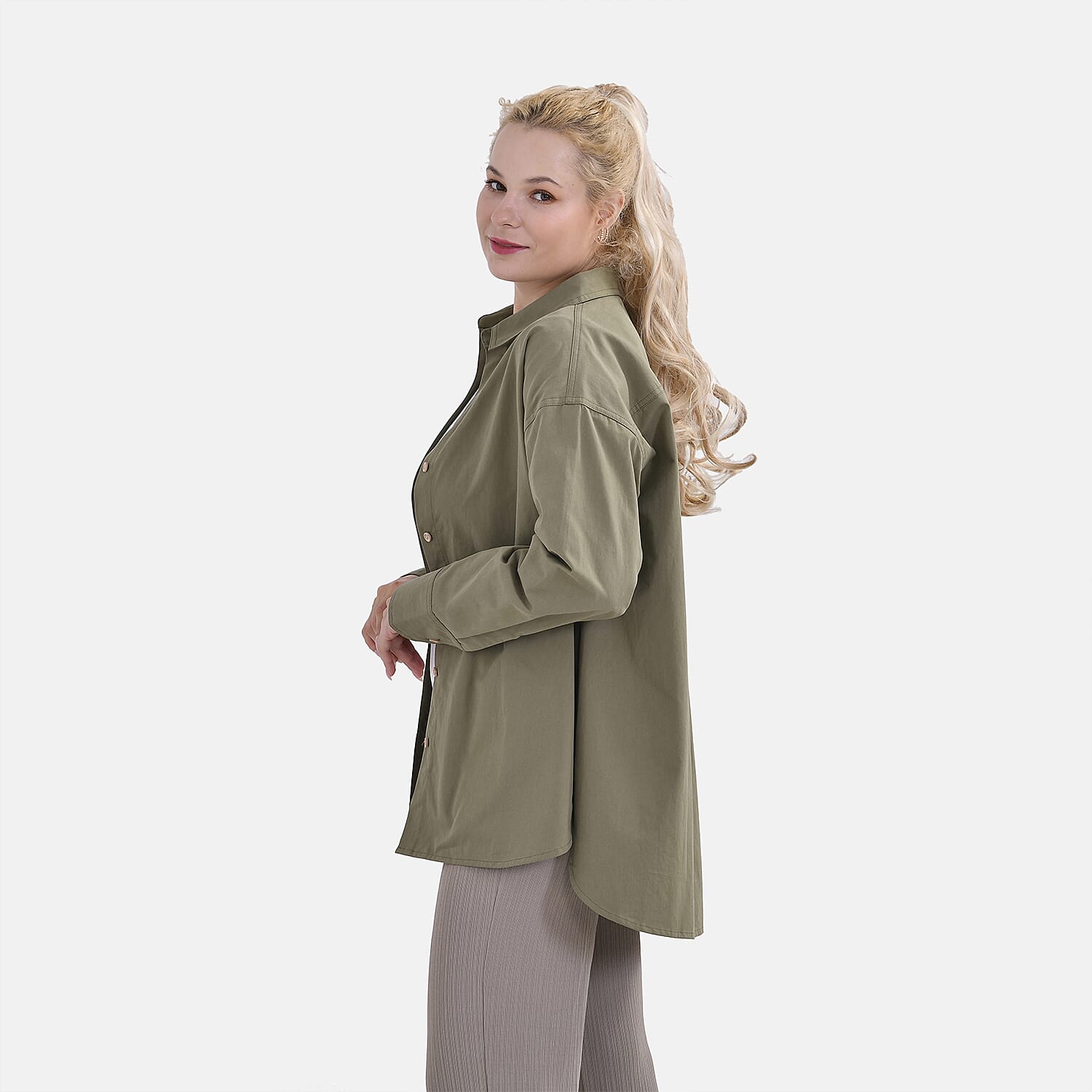 La Marey 100% Cotton Button Down Plain Blouse (Size XL) - Olive