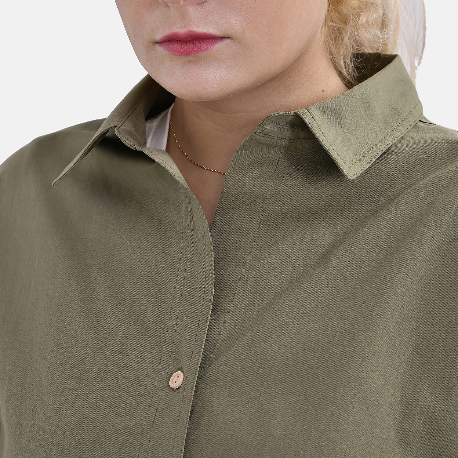 La Marey 100% Cotton Button Down Plain Blouse (Size XL) - Olive