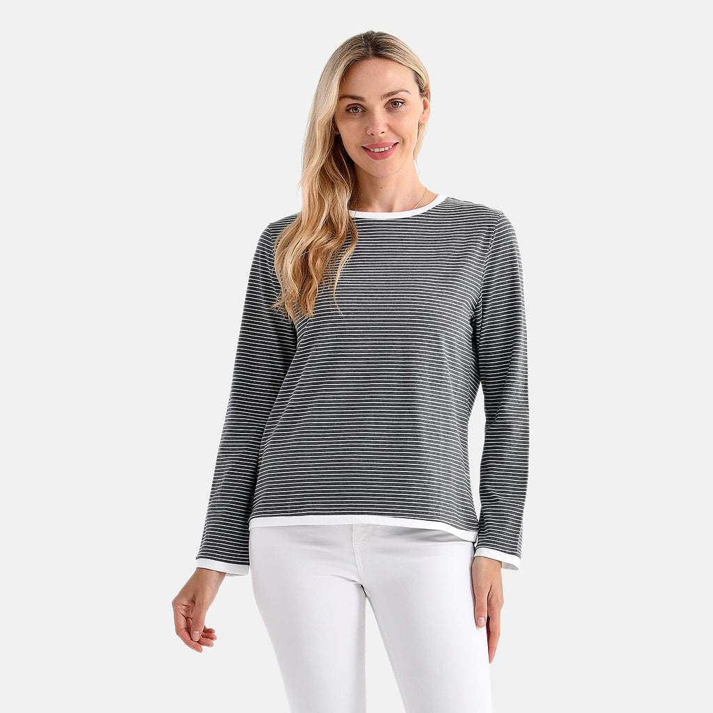 La Marey Classic Crew Neck Striped T-Shirt (Size M) - Grey & White