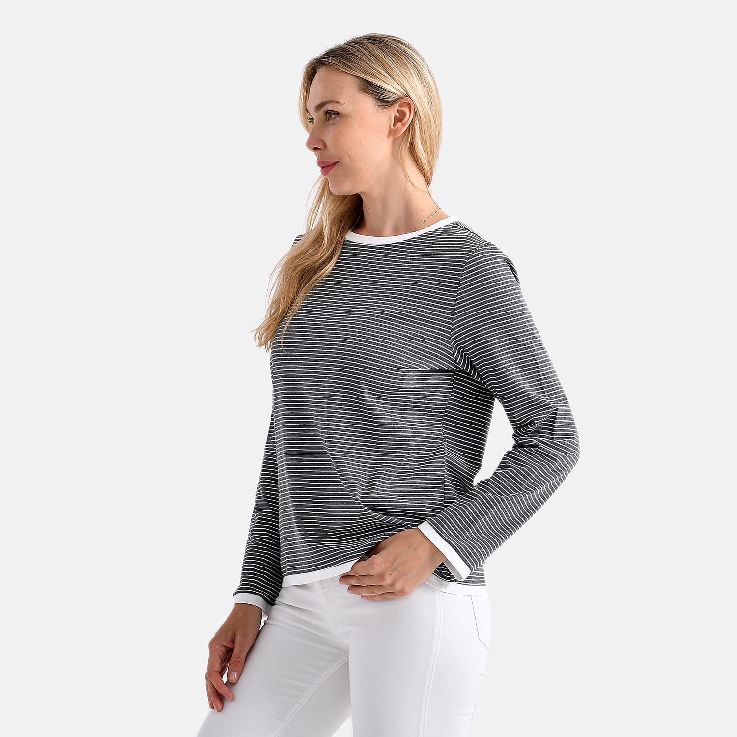 La Marey Classic Crew Neck Striped T-Shirt (Size M) - Grey & White