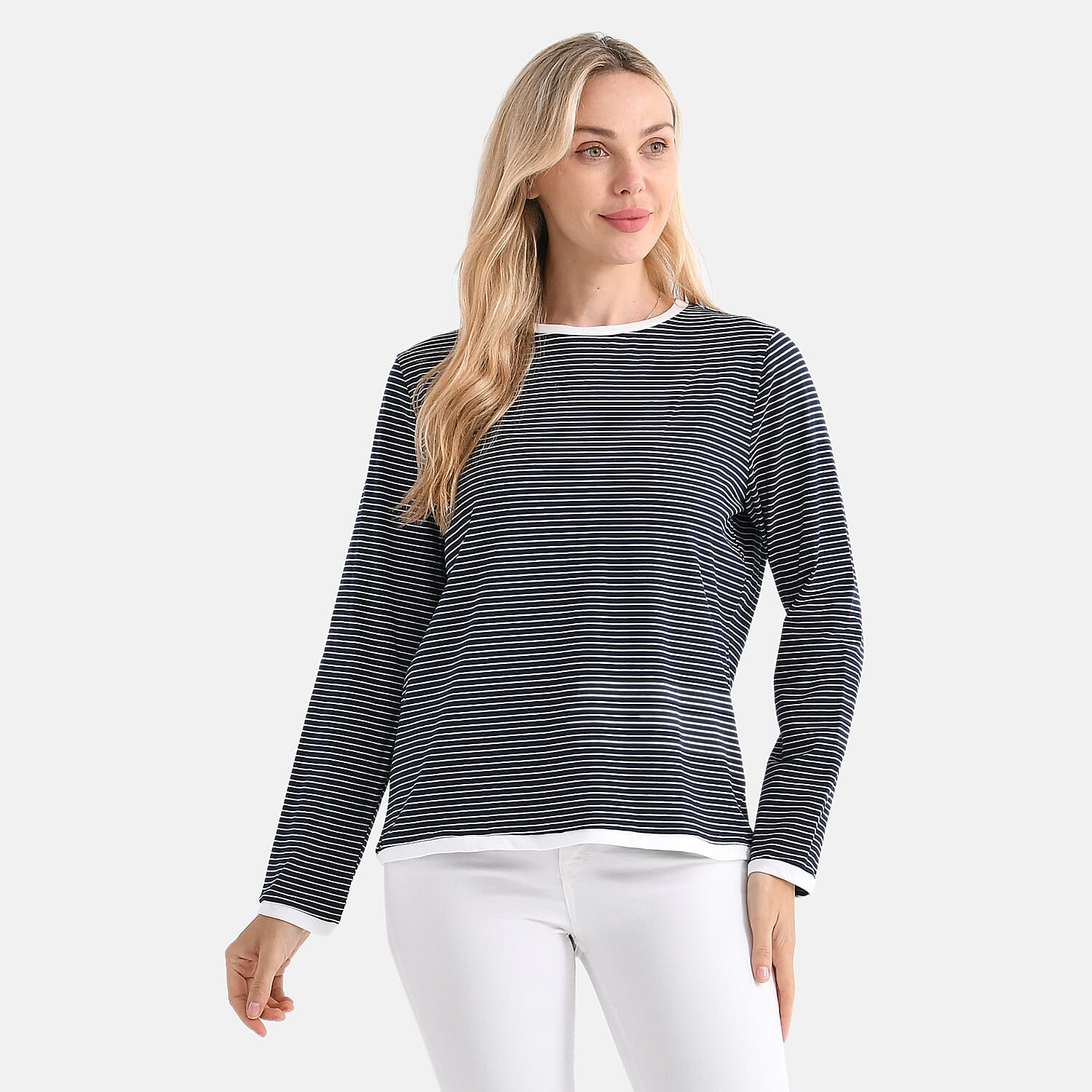 La Marey Classic Crew Neck Striped T-Shirt (Size S) - Navy & White