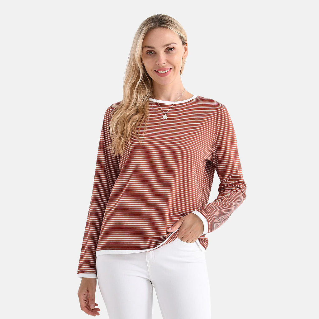 La Marey Cotton Striped Top (Size M) - Terracota & White