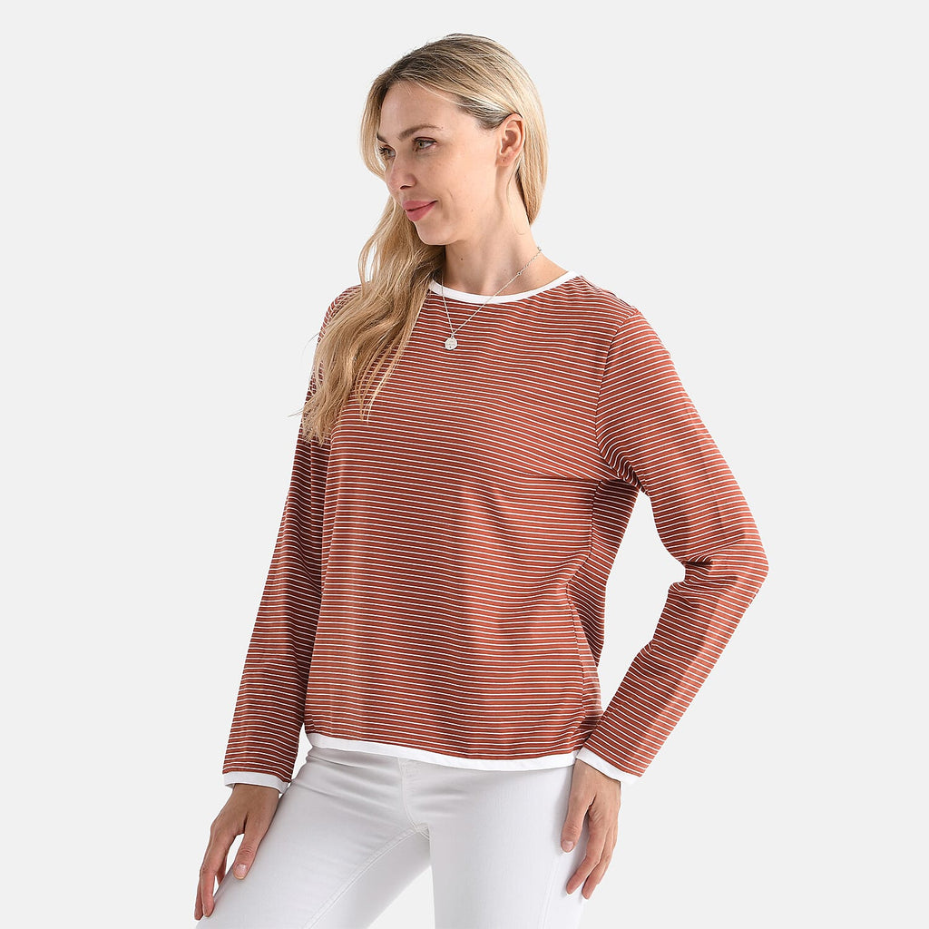 La Marey Cotton Striped Top (Size M) - Terracota & White