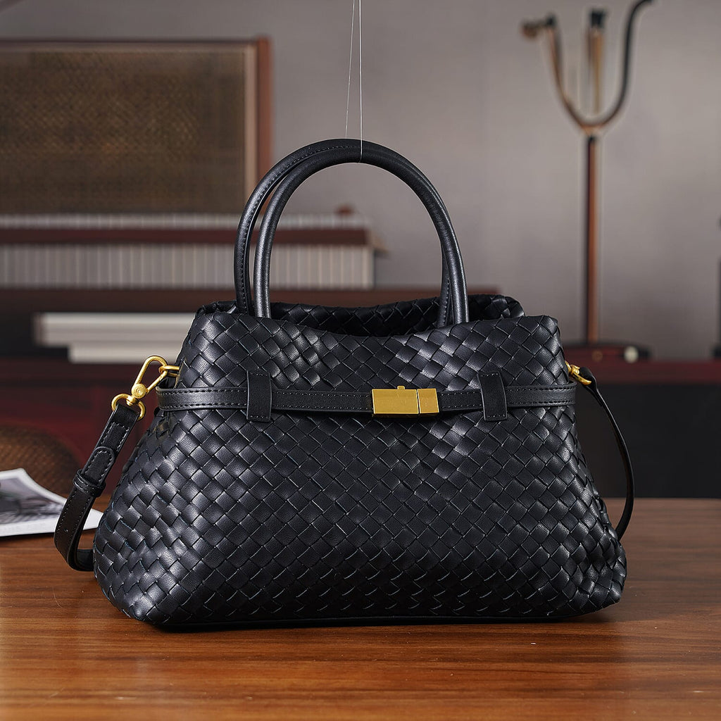 Designer Inspired - La Marey Woven Pattern Genuine Leather Crossbody Bag with Top Handle - Black