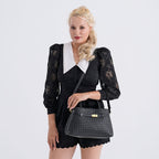 Designer Inspired - La Marey Woven Pattern Genuine Leather Crossbody Bag with Top Handle - Black