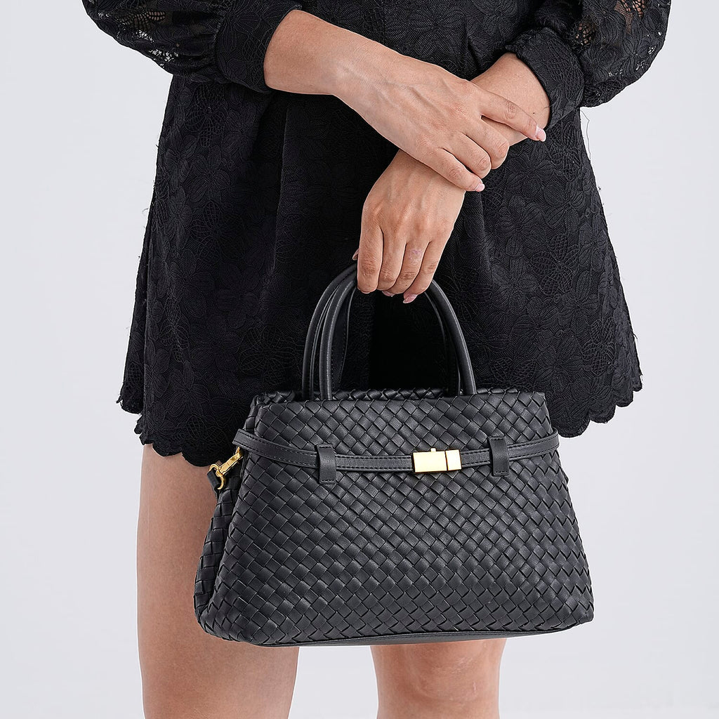 Designer Inspired - La Marey Woven Pattern Genuine Leather Crossbody Bag with Top Handle - Black