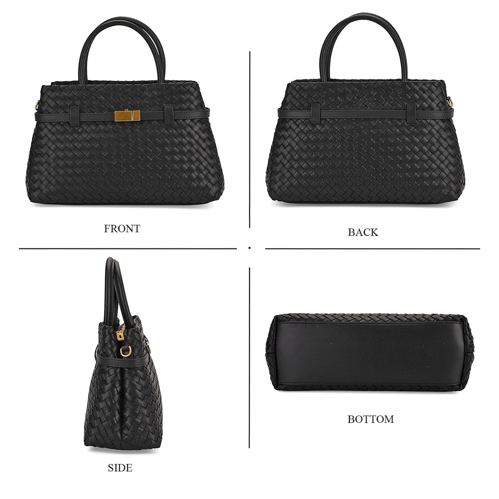 Designer Inspired - La Marey Woven Pattern Genuine Leather Crossbody Bag with Top Handle - Black