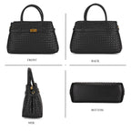 Designer Inspired - La Marey Woven Pattern Genuine Leather Crossbody Bag with Top Handle - Black