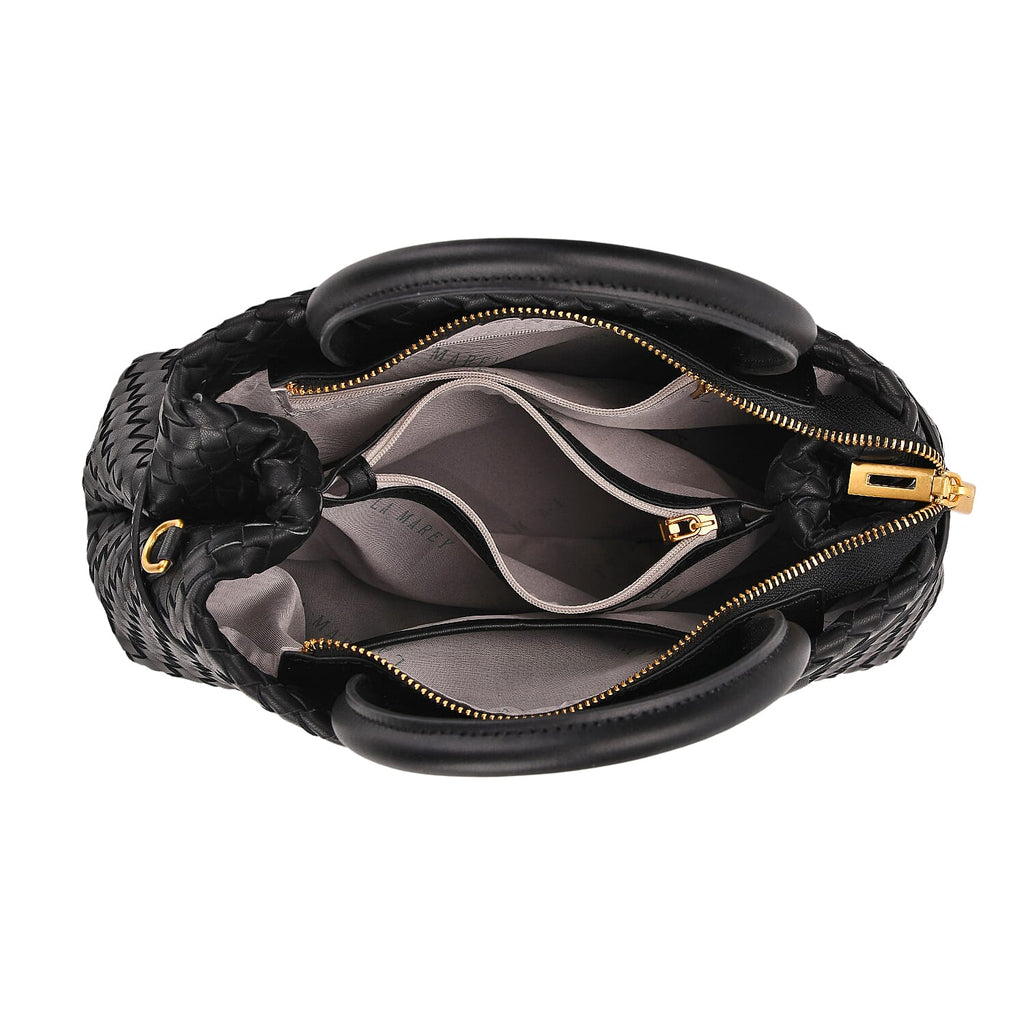 Designer Inspired - La Marey Woven Pattern Genuine Leather Crossbody Bag with Top Handle - Black