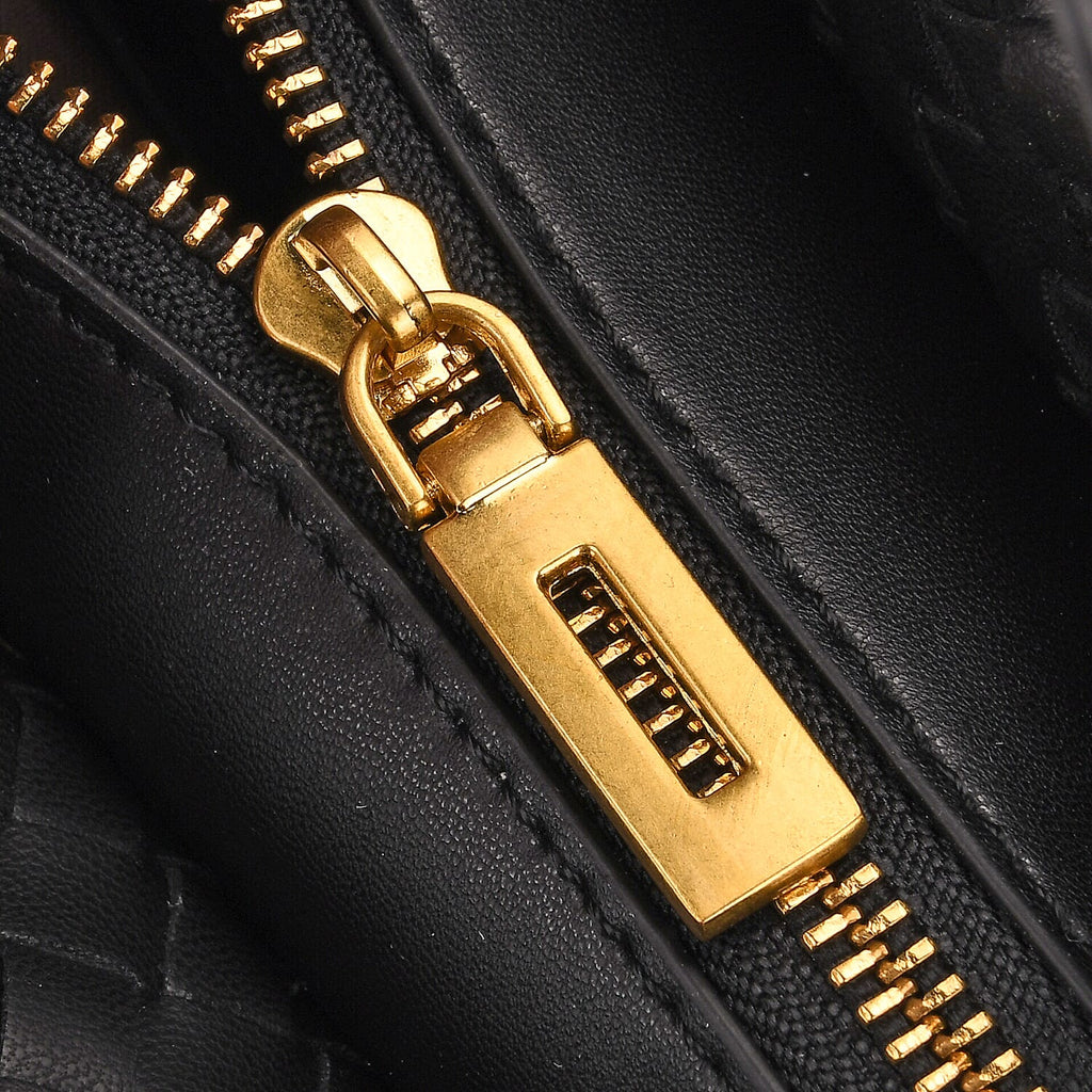 Designer Inspired - La Marey Woven Pattern Genuine Leather Crossbody Bag with Top Handle - Black
