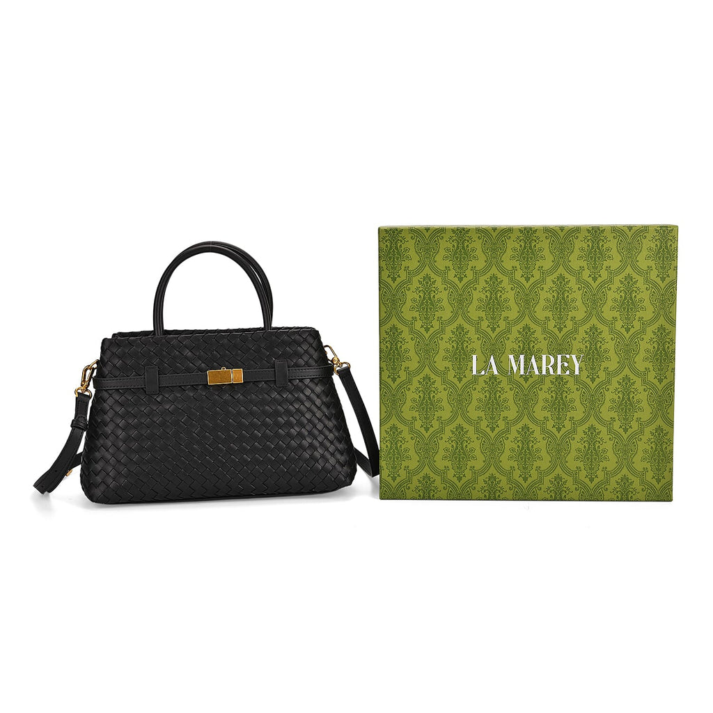 Designer Inspired - La Marey Woven Pattern Genuine Leather Crossbody Bag with Top Handle - Black