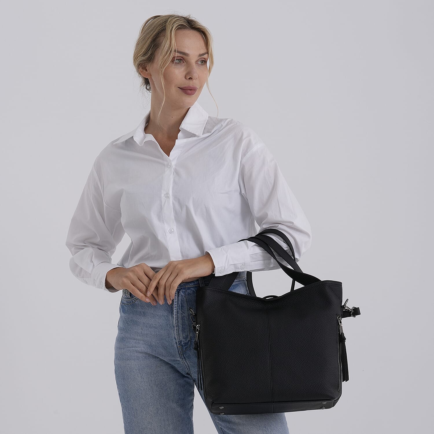 Valissiere Genuine Leather Top Handle Shoulder Bag With Detachable Crossbody Strap - Black