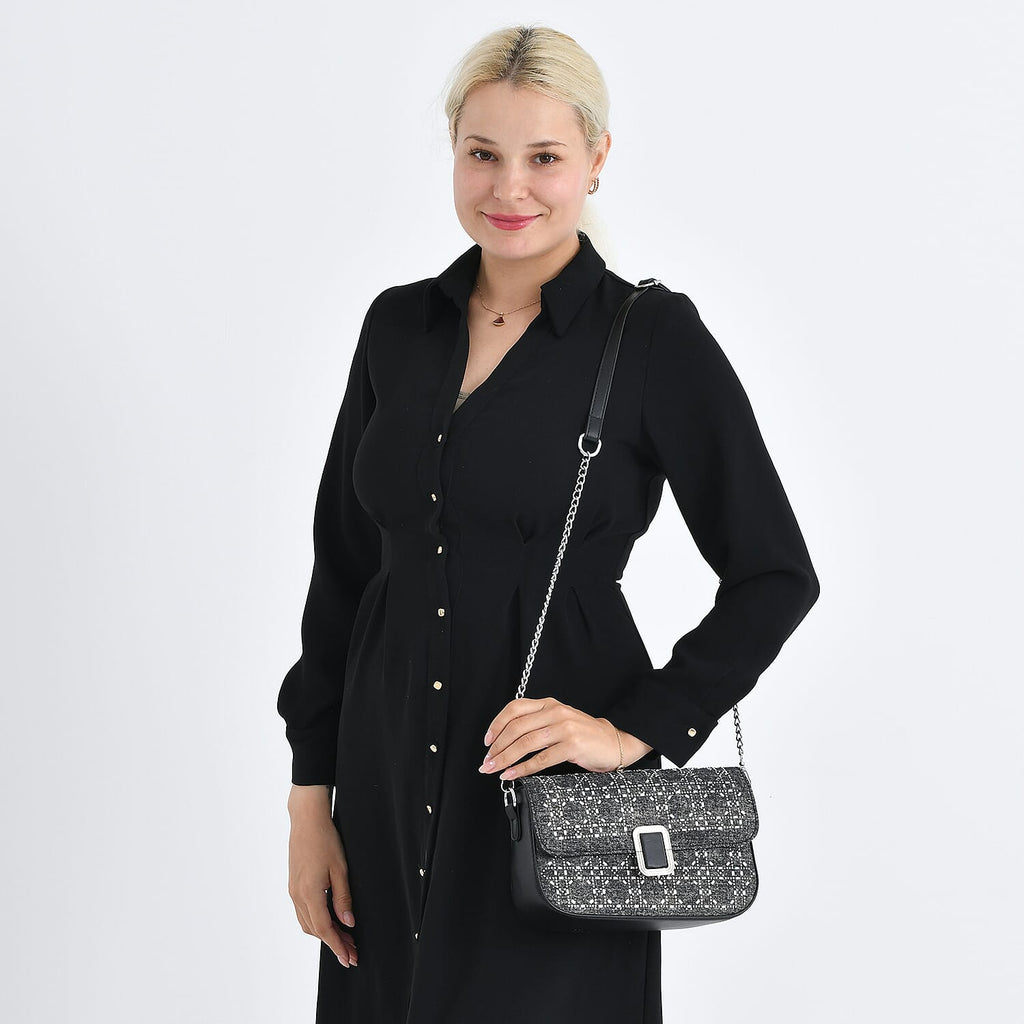 LA MAREY Designer Sling Handbag with Elegant Silver-Tone Chain Strap - Black