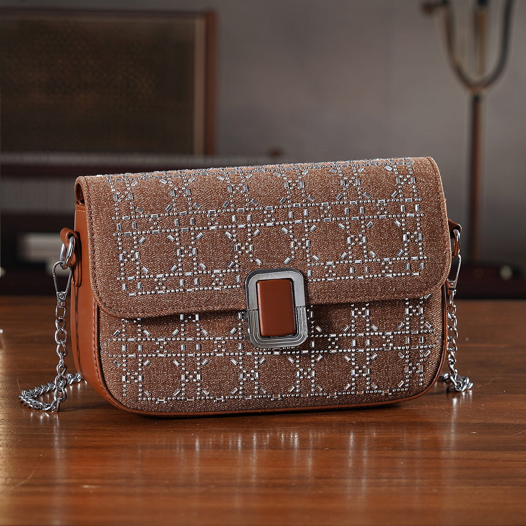 LA MAREY Designer Sling Handbag with Elegant Silver-Tone Chain Strap - Brown