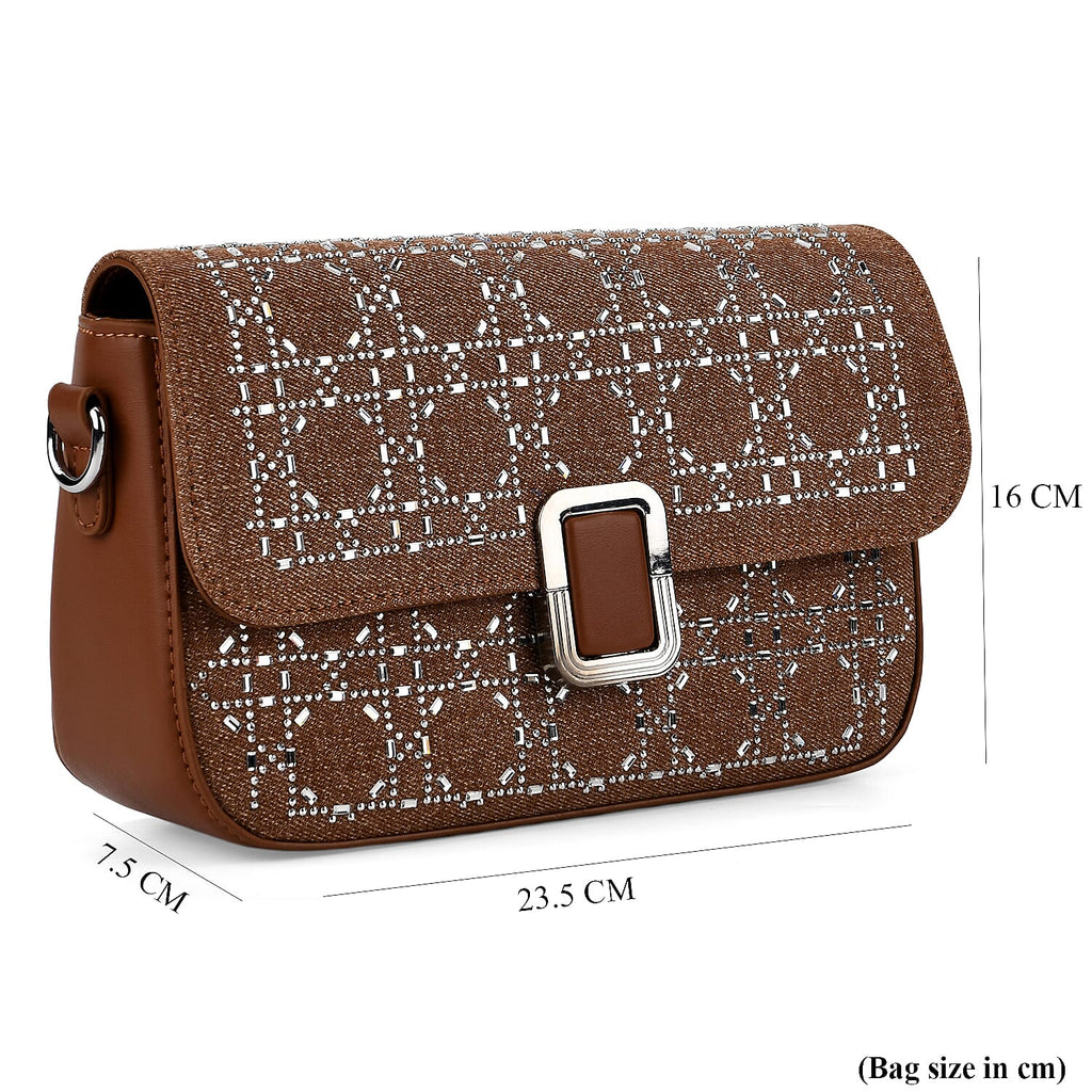 LA MAREY Designer Sling Handbag with Elegant Silver-Tone Chain Strap - Brown