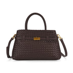 Designer Inspired - La Marey Woven Pattern Genuine Leather Crossbody Bag with Top Handle - Coffee