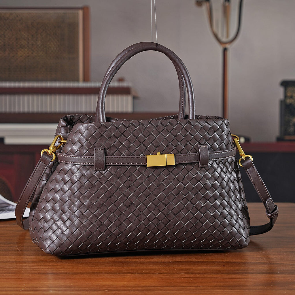 Designer Inspired - La Marey Woven Pattern Genuine Leather Crossbody Bag with Top Handle - Coffee