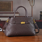 Designer Inspired - La Marey Woven Pattern Genuine Leather Crossbody Bag with Top Handle - Coffee