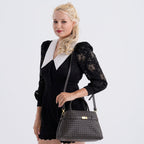Designer Inspired - La Marey Woven Pattern Genuine Leather Crossbody Bag with Top Handle - Coffee